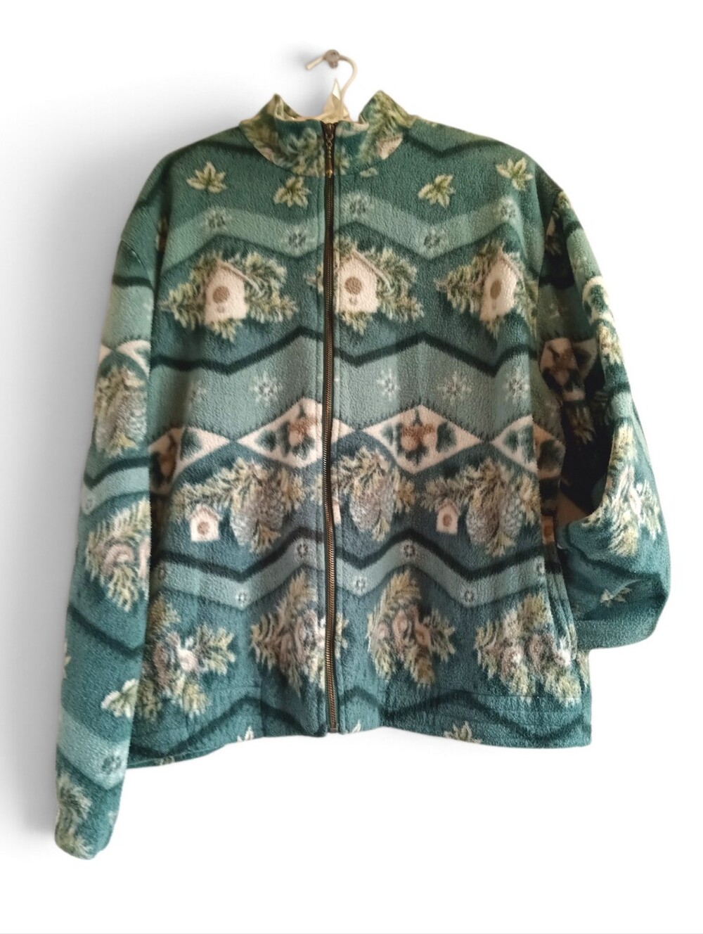 Teddi Teal Birdhouse Pattern Teddy Fleece Zip Jacket Cute Cozy 90s Vintage Kitsc
